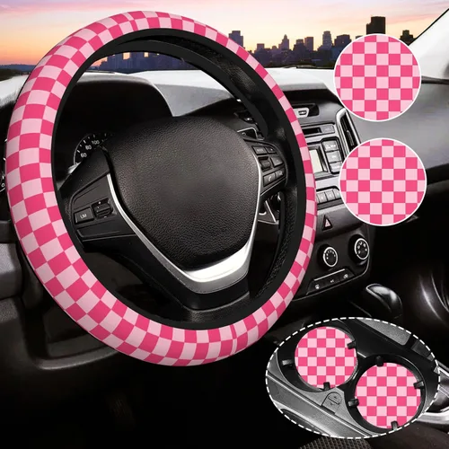 Miniatura 19 de Funda de volante a cuadros para mujeres, funda universal para volante de automóvil de 14-15 pulgadas, accesorios interiores para automóvil, con 2