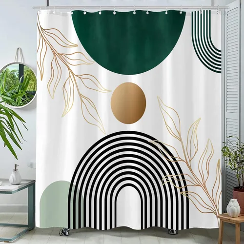 Miniatura 9 de Aipon Cortina de ducha verde de mediados de siglo para baño, cortina de ducha abstracta de estilo bohemio, de tela moderna, impermeable, para baño