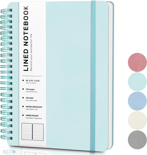 Miniatura 14 de Cuaderno de diario con líneas en espiral, cuaderno A5 de cuero de tapa dura para el trabajo, 5.7''×8.2'', papel grueso de 100GSM encuadernado