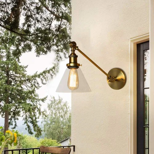 Miniatura 2 de Iluminación de pared industrial vintage de 1 luz con pantalla de vidrio transparente con brazo oscilante ajustable, lámpara de pared de cabecera