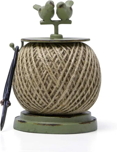 SOFFEE DESIGN Juego de cuerda de yute vintage con soporte para tijeras para jardín, granja, cocina, cordel antiguo y tijeras, pájaros verdes