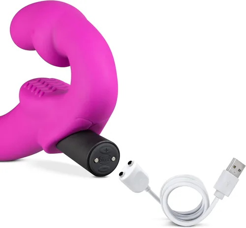 Miniatura 5 de Blush Temptasia Estella - Consolador vibrador curvado de silicona de 9.5 pulgadas, doble extremo sin tirantes, recargable, impermeable, profundo Rosa