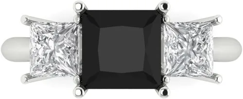 2.97ct Corte Princesa Solitario de 3 Piedras con Acento Negro Natural Onyx Diseñador Moderno Anillo de Declaración Sólido Oro Blanco de 14 k
