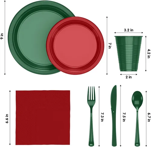 Miniatura 2 de Juego de 350 platos de plástico de Navidad para fiestas, juego de platos desechables rojos y verdes, 50 de cada juego de platos llanos de 9 Navidad