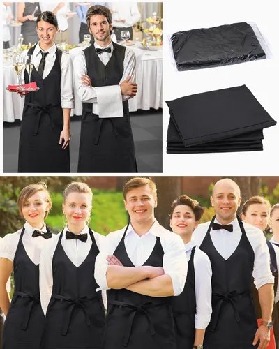 Miniatura 5 de Liitrsh 5 delantales unisex con cuello en V, 2 bolsillos, delantales de esmoquin ajustables negros con lazo largo en la cintura, delantal formal