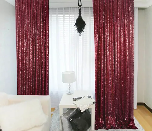 Miniatura 27 de ShinyBeauty Cortinas de Lentejuelas 2 Paneles 2ftx8ft Wine Telón de Fondo con Brillantina para Videos de YouTube Cortinas de Lentejuelas Borgoña