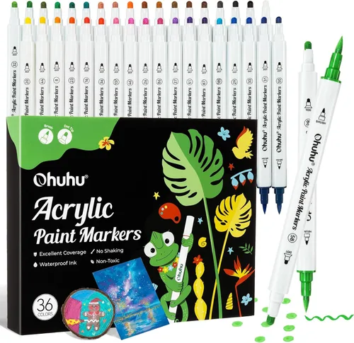 Ohuhu Marcadores de pintura acrílica Puntas duales: 36 colores Rotuladores acrílicos de alta opacidad Resistente al agua a la luz para pintura de