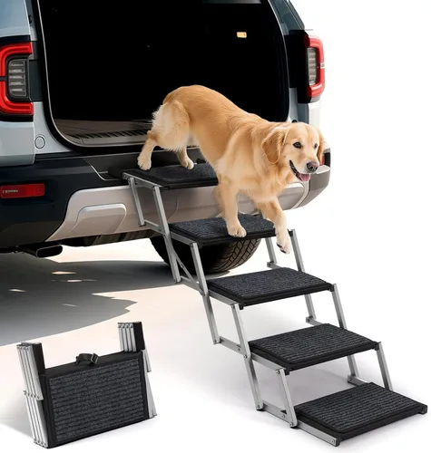 Miniatura 8 de Escaleras plegables para perros grandes, con superficie antideslizante, rampa ligera con capacidad para hasta 250 libras, 5 escalones
