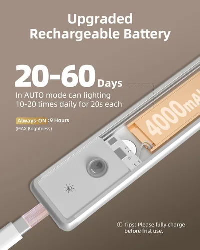 Miniatura 5 de EZVALO Iluminación debajo del gabinete de 16.5 pulgadas, 3 temperaturas de color, luz recargable con sensor de movimiento de 4000mAh para Gris