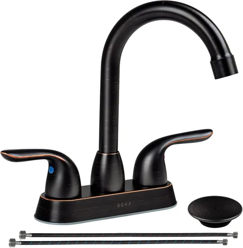 Miniatura 17 de SOKA Grifo dorado para lavabo de baño con cascada, grifo de lavabo de un solo orificio con drenaje emergente, grifo moderno para fregadero de tocador