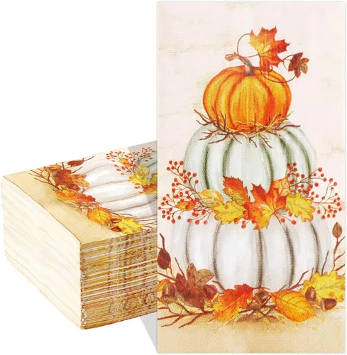Quera - 100 servilletas de papel para invitados de Acción de Gracias, calabazas, servilletas de papel desechables de otoño, toallas de mano de papel