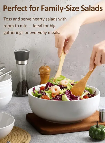 Miniatura 3 de Juego de 2 cuencos grandes para servir pasta de 120 onzas, 24.6 cm, cuencos grandes de porcelana para ensalada de cocina, grandes cuencos blancos