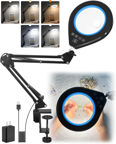 Lupa con luz y soporte, lámpara de aumento de escritorio 10X y 5X, lupa regulable continua con luz, 10 niveles de brillo ajustable y 5 modos de Rosa