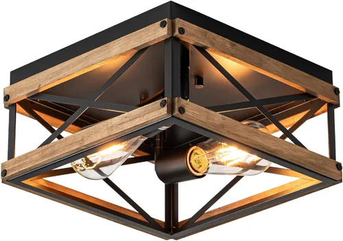 Miniatura 10 de Mayful Lámpara de techo de montaje empotrado de granja, 2 luces rústicas para pasillo con marco de madera y metal, lámparas industriales cerca