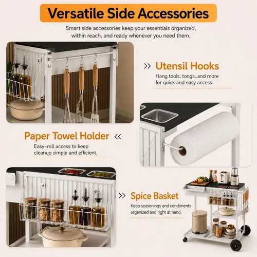 Miniatura 4 de SUNLEI Organizador de almacenamiento de cocina con cesta de especias, isla de cocina sobre ruedas con soporte para toallas de papel, ruedas