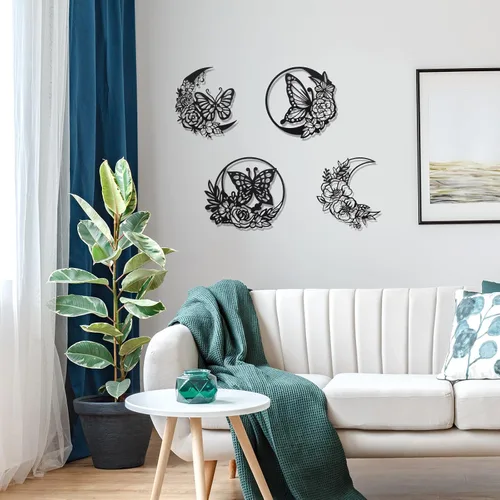 Miniatura 4 de Photect 4 piezas de decoración de pared de metal de mariposa, decoración de pared de mariposas, fases lunares, hojas de flores, arte floral