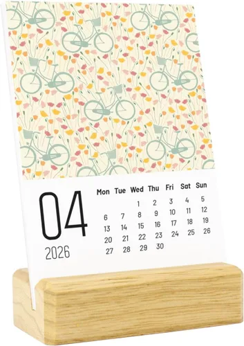 Miniatura 4 de Calendario de escritorio pequeño 2026 con tema floral, base de madera, oscuro