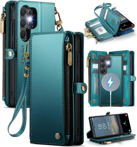 Miniatura 13 de Defencase Funda tipo cartera ultra magnética para Samsung Galaxy S22 compatible con Magsafe con cremallera de bloqueo RFID y tarjetero para mujer