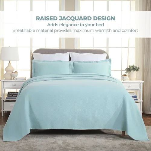 Miniatura 4 de Cubrecama doble Superior Diamond Solitaire de algodón de primera calidad Jacquard Matelassé con fundas de almohada a tono, color aguamarina Aqua
