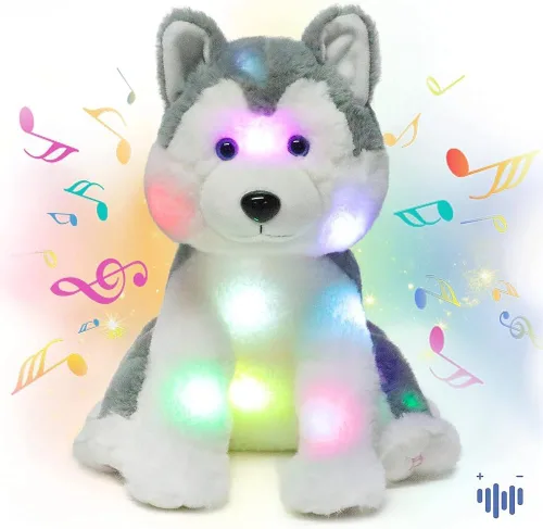 Hopearl Perro de peluche con luces LED y musicales, con volumen ajustable, canción de cuna, animado, calma, festival, cumpleaños, para niños