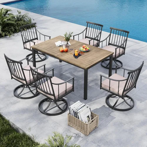 Miniatura 13 de MFSTUDIO Juego de comedor de 5 piezas de metal para patio, juego de muebles para exteriores con 1 mesa cuadrada de madera y 6 sillas de respaldo
