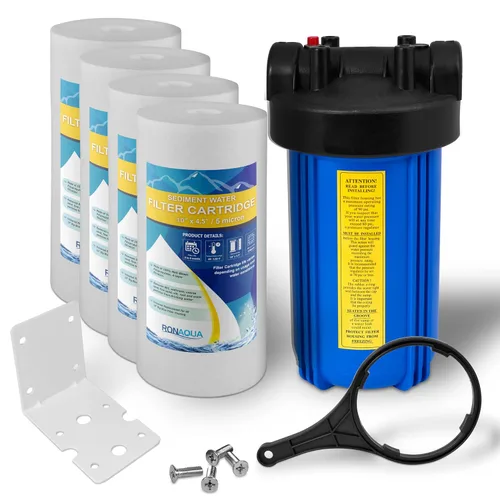 Sistema purificador de filtro de agua azul de alta capacidad de 10 x 4.5 pulgadas para toda la casa con botón de alivio de presión, puerto de latón
