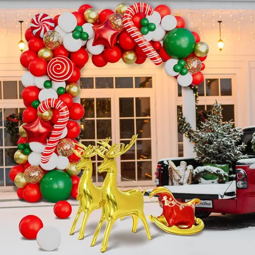 Miniatura 2 de Kit de arco de guirnalda de globos de Navidad con globos de trineo con lentejuelas rojas, doradas, blancas, verdes, doradas, estrellas, alces