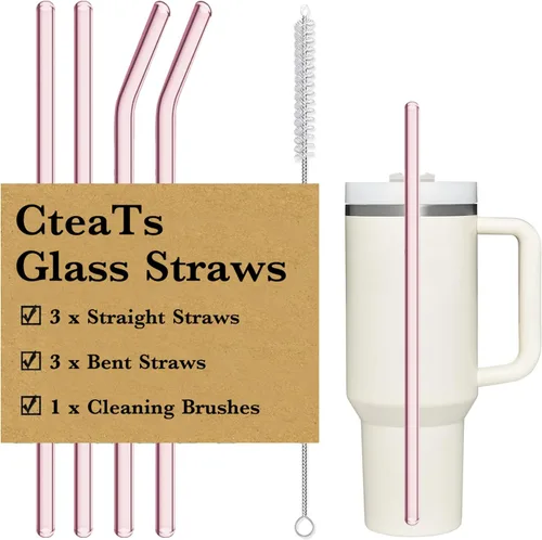 Pajita de Repuesto Compatible con Vasos Stanley de 40 oz, 4 Piezas Pajitas Reutilizables con Cepillo de Limpieza, Pajita Larga de Vidrio para Rosa