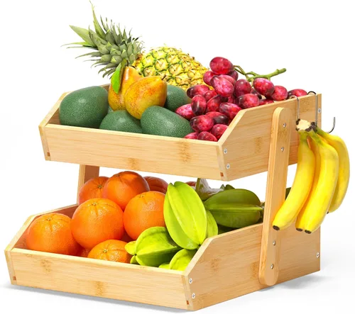 Miniatura 11 de Gmtsl Cesta de frutas de bambú para cocina, frutero de 2 niveles para encimera de cocina, soporte grande para frutas con 2 ganchos para plátanos