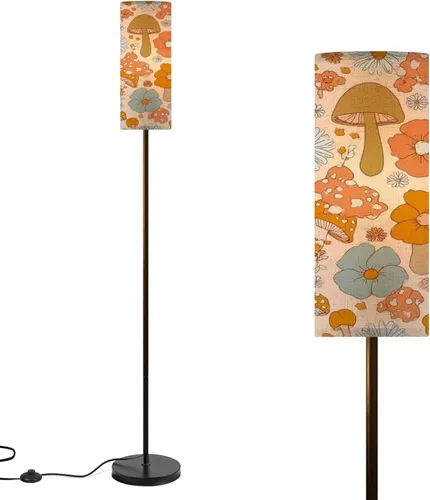 Lámparas de pie modernas para sala de estar, retro de los años 70, 60, hongos florales, hippie, flores, de verano, con pantalla de lino, lámpara