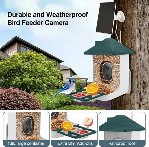 Miniatura 4 de Alimentador inteligente para pájaros con cámara, identificación de especies por IA, casa para pájaros con energía solar, alertas de llegada