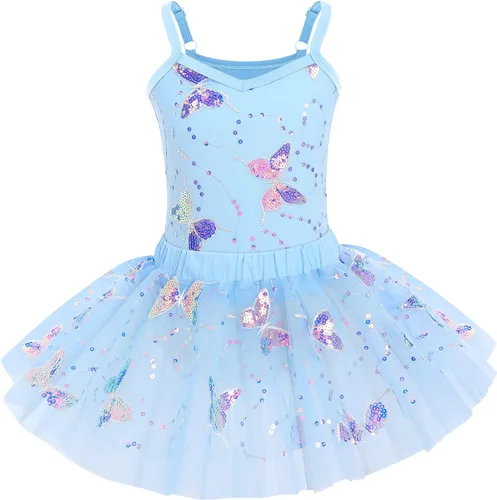ODASDO Leotardo de ballet con falda tutú para niñas, camisola de gimnasia, traje de entrenamiento de mariposa brillante