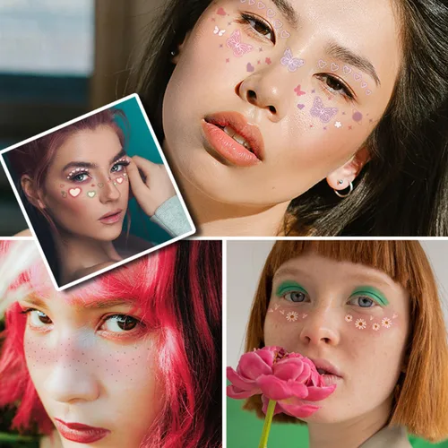 Miniatura 2 de 14 hojas de calcomanías de tatuajes temporales para mujeres, con purpurina, mariposa, corazón, flores, maquillaje, impermeables, accesorios