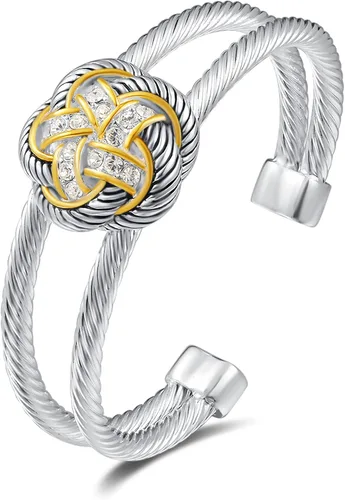 UNY JEWEL Las joyas hacen una declaración con nuestro brazalete abierto abierto de doble alambre trenzado de dos tonos de alambre y flores es un