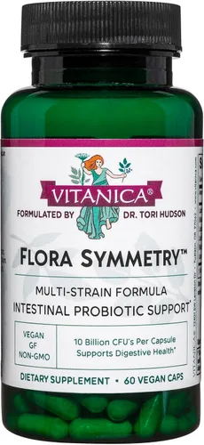 Vitanica Flora Symmetry - Suplemento probiótico no perecedero, probióticos formulados por médicos para adultos, hombres y mujeres, con acidófilos,