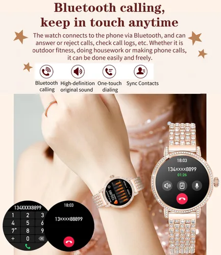 Miniatura 4 de Relojes inteligentes para mujer con llamadas Bluetooth de diamantes, reloj inteligente con pantalla HD de 1.27 pulgadas, rastreador de actividad