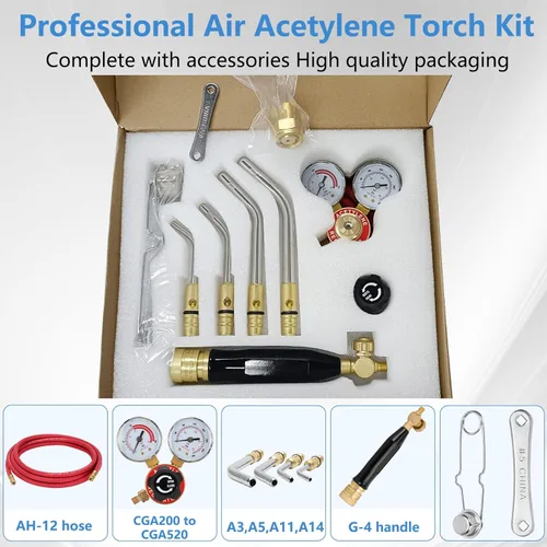 Miniatura 2 de Kit profesional de antorcha de acetileno de aire, kit de gas combustible, 11 piezas, kit de antorcha turbo incluye regulador de acetileno CGA 200