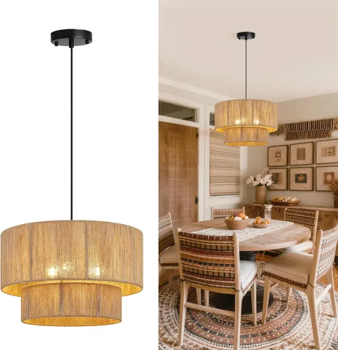 Miniatura 9 de Lámpara Colgante de Tela de Doble Tambor Moderna de 18", Lámpara de Araña Colgante Grande para Techo con Pantalla de Tela de Doble Capa, Ideal