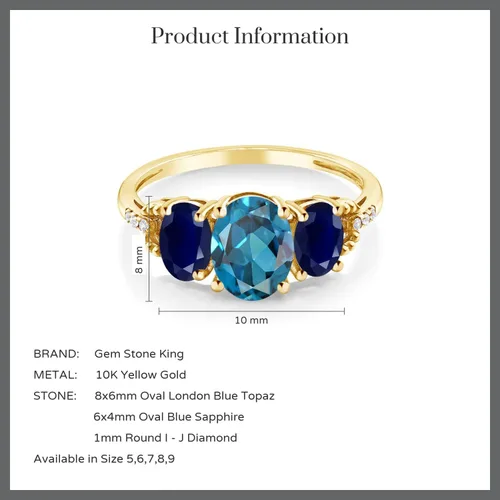 Miniatura 4 de Gem Stone King Anillo de compromiso ovalado de oro amarillo de 10 quilates con topacio azul Londres y zafiro azul para mujer