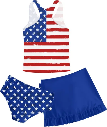 Miniatura 27 de Traje de baño tankini de 3 piezas para niñas, lindo bikini con salida de baño con falda de playa de 5 a 16 años