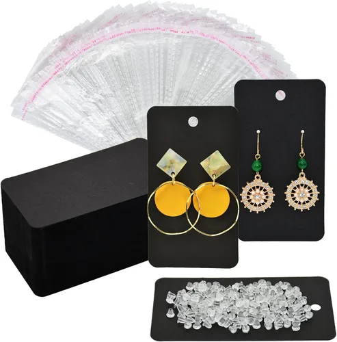 Miniatura 6 de Twavang Juego de portatarjetas para aretes, 100 tarjetas de exhibición de aretes de papel kraft, 100 pares transparentes de aretes con 100 bolsas