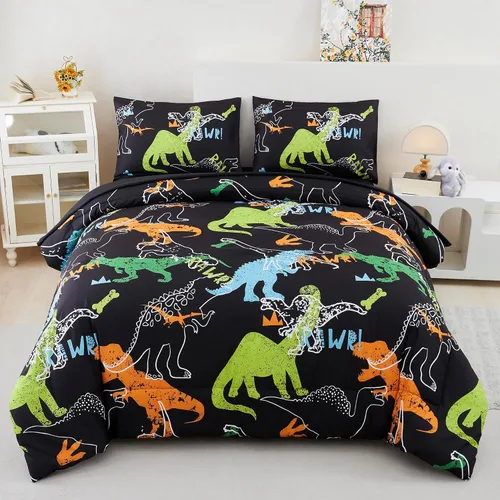 Miniatura 13 de RYNGHIPY Juego de ropa de cama de dinosaurio - Juego de edredón tamaño Queen para chicos y chicas - Juego de cama de dinosaurio suave, transpirable
