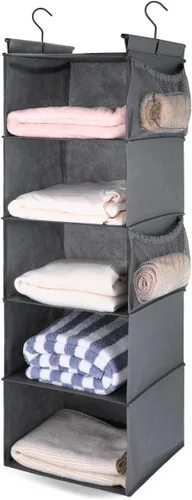 MAX Houser Organizador de armario colgante de 5 estantes, ahorro de espacio, estantes colgantes de tela con 4 bolsillos laterales, plegable, gris