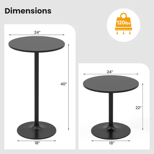 Miniatura 3 de Giantex Mesa de bar dos en uno con poste desmontable, base de metal, parte superior redonda de 24 pulgadas, 40 pulgadas/22 pulgadas de altura Negro