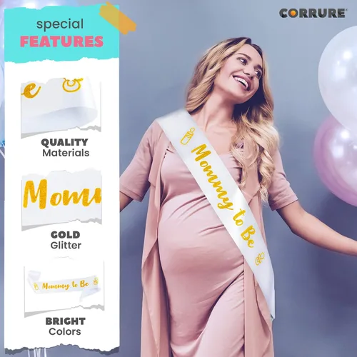 Miniatura 5 de CORRURE Banda para baby shower para niño o niña, banda con la frase "Mommy to Be" con hermosa cinta blanca y texto dorado con purpurina, ideal