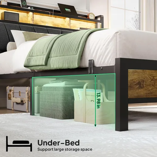 Miniatura 7 de Welzona Base de cama de tamaño matrimonial con estación de carga, cama LED con cabecera de almacenamiento tapizada, sólida y estable, sin ruido,