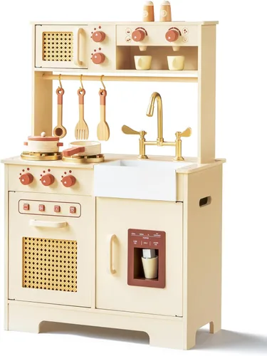 Juego de cocina para niños, juego de cocina de madera con características realistas, pequeño juguete de cocina con diseño ideal para niños pequeños,