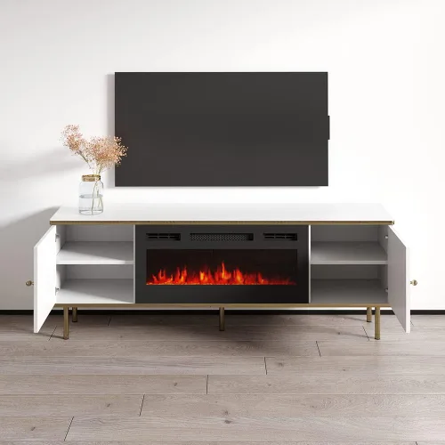 Meble Furniture Camelia BL-EF - Soporte de TV eléctrico con chimenea de 63 pulgadas, moderno soporte de TV alto mate con armarios de almacenamiento,