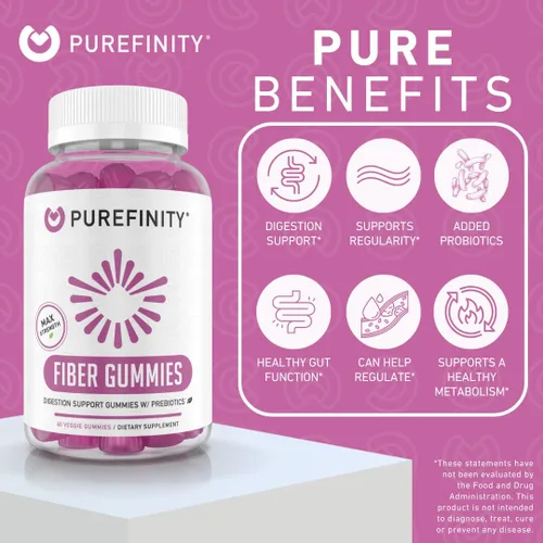 Miniatura 3 de PUREFINITY Gomitas de fibra para adultos con inulina FOS de raíz de achicoria, suplemento prebiótico sin azúcar para digestión diaria y apoyo al