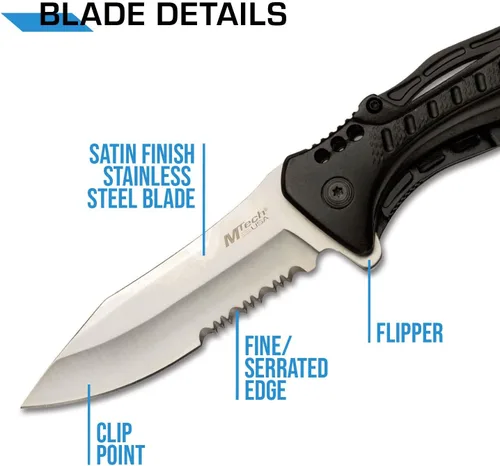 Miniatura 3 de MTech USA Cuchillo plegable - Hoja de acero inoxidable con acabado satinado parcialmente dentado, mango de aluminio negro, mosquetón, abrebotellas